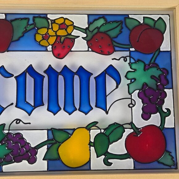 "Welcome" Sign Painted Glass Fruit Motif Wooden Frame Kitchen Indoors Outdoors - Picture 3 of 8